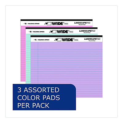 Roaring Spring WIDE Landscape Format Writing Pad, Unpunched, Medium/College Rule, Assorted Colors, (40) 11 x 8.5 Sheets, 3/Pack (74535)