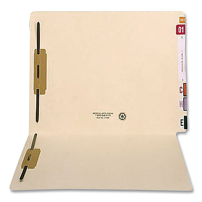 Medical Arts Press Heavy-Duty End Tab Fastener Folders, 0.75" Expansion, 2 Fasteners, Letter Size, Manila Exterior, 50/Box (31439)