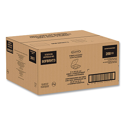 Dart Compostable Molded Fiber Hinged Trays, ProPlanet Seal, 3 Compartments, 8.65 x 7.94 x 2.98, Natural, 200/Carton (80FBRHT3)