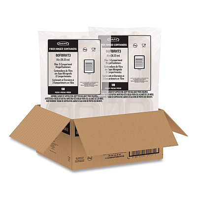 Dart Compostable Molded Fiber Hinged Trays, ProPlanet Seal, 3 Compartments, 8.65 x 7.94 x 2.98, Natural, 200/Carton (80FBRHT3)