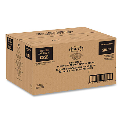 Dart Square Plastic Bowls, 8 oz, 8.5 x 8.5 x 1.51, Clear, Plastic, 63 Bowls/Sleeve, 8 Sleeves/Carton (C8SB)