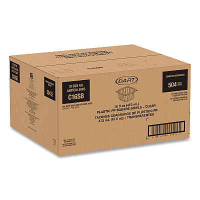 Dart Square Plastic Bowls, 16 oz, 8.5 x 8.5 x 1.96, Clear, Plastic, 63 Bowls/Sleeve, 8 Sleeves/Carton (C16SB)