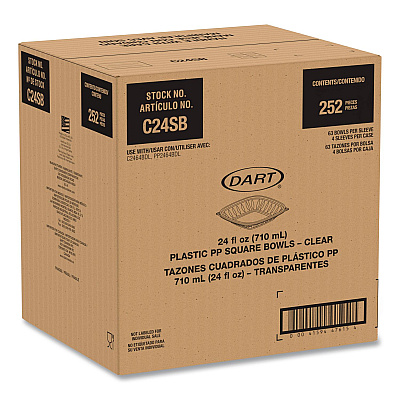 Dart Square Plastic Bowls, 24 oz, 5 x 5 x 1.99, Clear, Plastic, 63 Bowls/Sleeve, 4 Sleeves/Carton (C24SB)