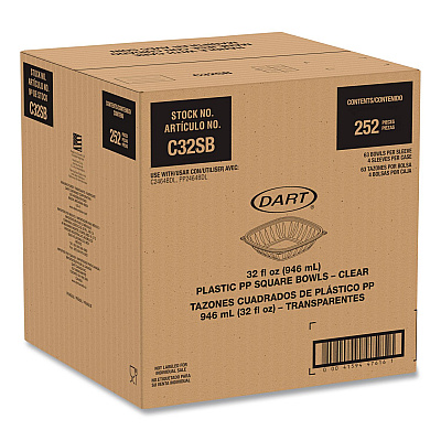 Dart Square Plastic Bowls, 32 oz, 5 x 5 x 1.49, Clear, Plastic, 63 Bowls/Sleeve, 4 Sleeves/Carton (C32SB)