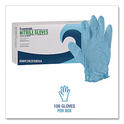 Boardwalk Disposable Examination Nitrile Gloves, Powder-Free, X-Small, 5 mil Thick, 9.5" Long, Blue, 100/Box (382XSBXA)