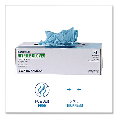 Boardwalk Disposable Examination Nitrile Gloves, Powder-Free, XX-Large, 5 mil Thick, 9.5" Long, Blue, 100/Box (382XXLBXA)