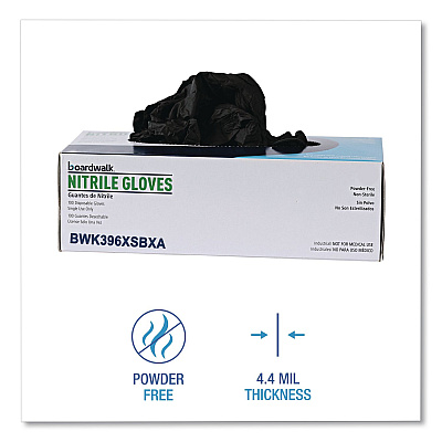 Boardwalk 396 Series Disposable General-Purpose Nitrile Gloves, Powder-Free, X-Small, 4.4 mil Thick, 9.5" Long, Black, 100/Box,10 BX/CT (396XSCTA)