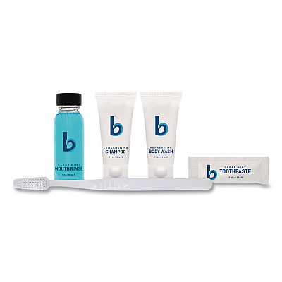Boardwalk Amenities Kit, Mouth Rinse, Toothbrush, Toothpaste, Body Wash, Shampoo, Green Tea Lemongrass, 12 Kits/Carton (AMENKIT)