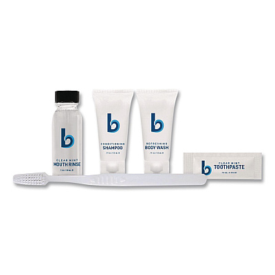 Boardwalk Amenities Kit, Mouth Rinse, Toothbrush, Toothpaste, Body Wash, Shampoo, Low Allergen, 12 Kits/Carton (AMENKITLA)