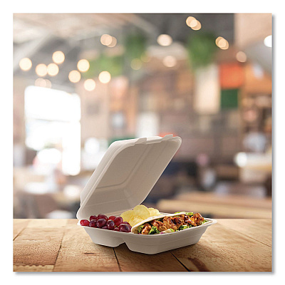 Dart Compostable Molded Fiber Hinged Trays, ProPlanet Seal, 3 Compartments, 8.65 x 7.94 x 2.98, Natural, 200/Carton (80FBRHT3)