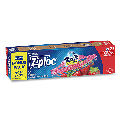 Ziploc Double Zipper Storage Bags, Triple System Seal, Gallon, 9.6" x 12.1", Clear, 22 Bags/Box, 12 Boxes/Carton (383231)