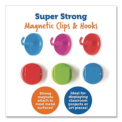 Learning Resources Super Strong Magnetic Clips and Hooks, Small, 1.5" Diameter, Assorted Colors, 3 Clips/3 Hooks (LER2691)
