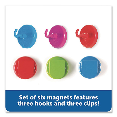 Learning Resources Super Strong Magnetic Clips and Hooks, Small, 1.5" Diameter, Assorted Colors, 3 Clips/3 Hooks (LER2691)