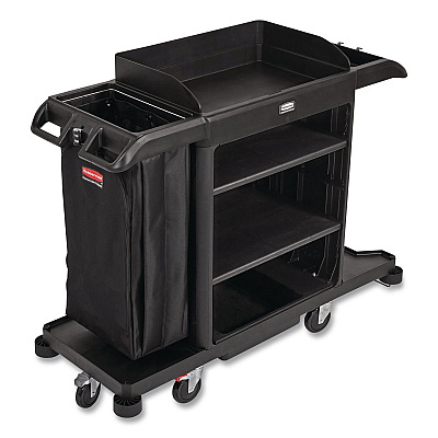 Rubbermaid Commercial Full-Size Housekeeping Cart, Plastic, 3 Shelves, 1 Bin, 24.4 x 62.4 x 49, Black (2202581)