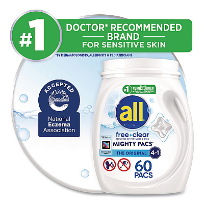 All MIGHTY PACS Free Clear Laundry Detergent, 60 Pods/Tub, 4 Tubs/Carton (46880)