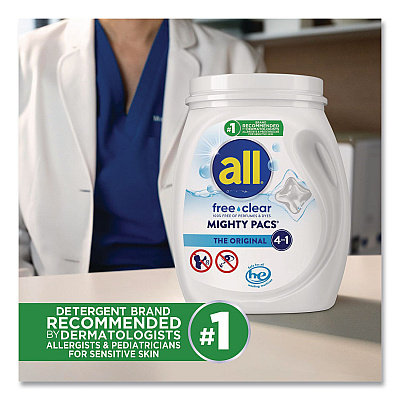 All MIGHTY PACS Free Clear Laundry Detergent, 60 Pods/Tub, 4 Tubs/Carton (46880)