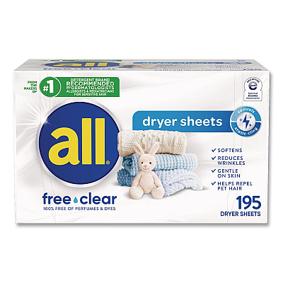 All Free Clear Dryer Sheets, Fragrance Free, 195 Sheets/Packs, 6 Packs/Carton (47362)
