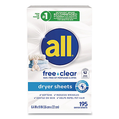 All Free Clear Dryer Sheets, Fragrance Free, 195 Sheets/Packs, 6 Packs/Carton (47362)