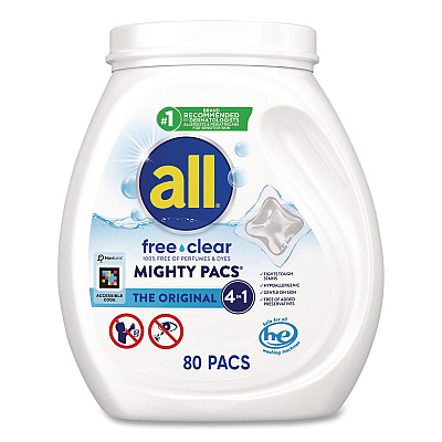 All MIGHTY PACS Free Clear Laundry Detergent, 80 Pods/Tub, 4 Tubs/Carton (47508)