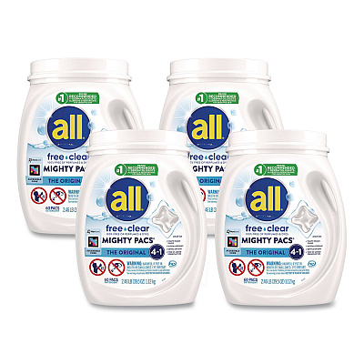 All MIGHTY PACS Free Clear Laundry Detergent, 60 Pods/Tub, 4 Tubs/Carton (46880)