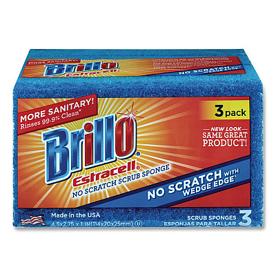 Brillo Estracell No Scratch Kitchen Sponges, 4.5 x 2.75, 1" Thick, Blue, 3 Sponges/Pack, 8 Packs/Carton (21034)
