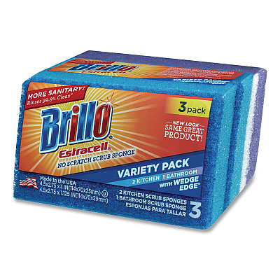 Brillo Estracell Scrub Sponge Variety Pack, 1 Bath, 2 Kitchen, 4.5 x 2.75, 1.12" Thick, Blue/Purple/White, 3/Pack, 8 Packs/Carton (21035)