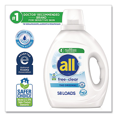 All Free Clear HE Laundry Detergent, 58 Loads, Unscented, 73 oz Bottle, 6/Carton (47415)