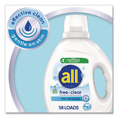 All Free Clear HE Laundry Detergent, 58 Loads, Unscented, 73 oz Bottle, 6/Carton (47415)
