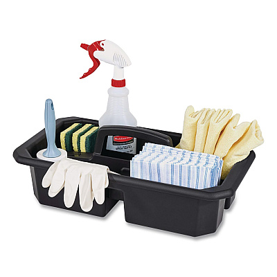 Rubbermaid Commercial Cleaning Caddy, Compatible with Full Size and Compact Housekeeping Carts, Plastic, Black, 6/Carton (2202586)