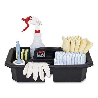 Rubbermaid Commercial Cleaning Caddy, Compatible with Full Size and Compact Housekeeping Carts, Plastic, Black, 6/Carton (2202586)