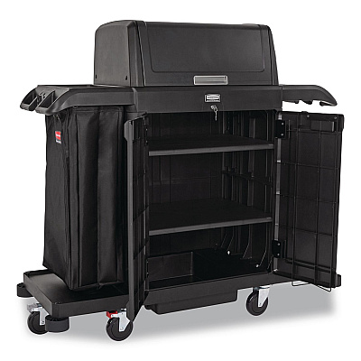Rubbermaid Commercial Housekeeping Cart with Hood and Doors, Plastic, 4 Shelves,1 Bin, 24.4 x 62.4 x 56.9, Black (2202587)