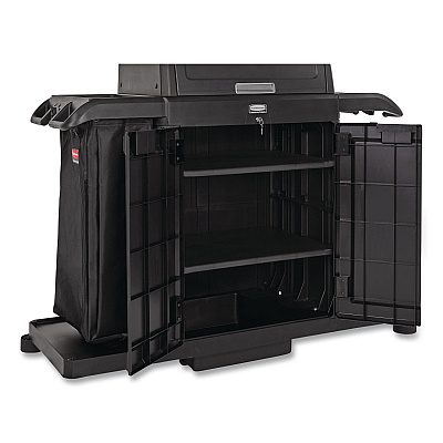 Rubbermaid Commercial Housekeeping Cart with Hood and Doors, Plastic, 4 Shelves,1 Bin, 24.4 x 62.4 x 56.9, Black (2202587)