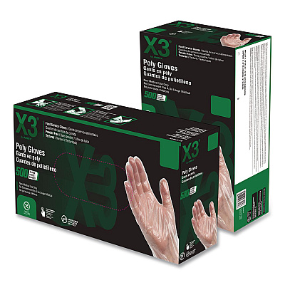 X3 by AMMEX Poly Food Safe Industrial Gloves, Powder-Free, Medium, Clear, 500/Box (PGLOVEM500)