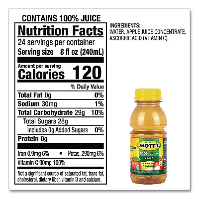 Mott's 100% Original Apple Juice, Apple, 8 oz Bottle, 24/Carton (22002660)