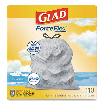 Glad ForceFlex Tall Kitchen Drawstring Trash Bags, Drawstring, 13 gal, Fresh Clean Scent, 10.19 x 9.81, Gray, 110/Roll, 3/Carton (78563CT)
