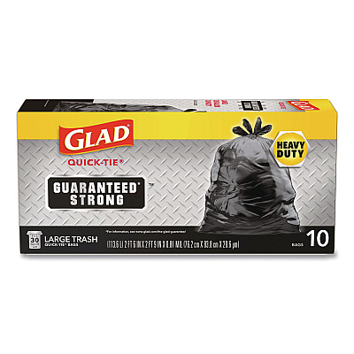 Glad Large Quick-Tie Trash Bags, Tie-Flap, 30 gal, 0.81 mil, 30 x 33, Black, 10 Bags/Box, 12 Boxes/Carton (00079CT)