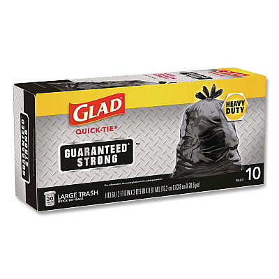 Glad Large Quick-Tie Trash Bags, Tie-Flap, 30 gal, 0.81 mil, 30 x 33, Black, 10 Bags/Box, 12 Boxes/Carton (00079CT)