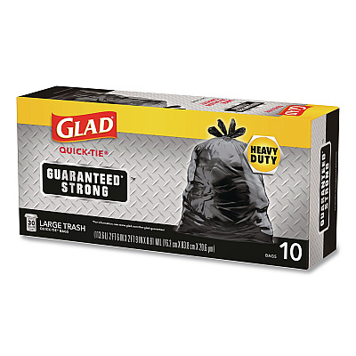 Glad Large Quick-Tie Trash Bags, Tie-Flap, 30 gal, 0.81 mil, 30 x 33, Black, 10 Bags/Box, 12 Boxes/Carton (00079CT)