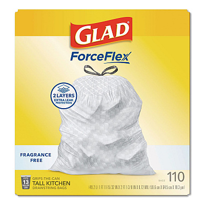 Glad ForceFlex Kitchen Drawstring Trash Bags, Drawstring, 13 gal, Unscented, 23.47 x 25.38, White, 110 Bags/Box, 3 Boxes/Carton (22541CT)