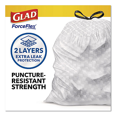 Glad ForceFlex Kitchen Drawstring Trash Bags, Drawstring, 13 gal, Unscented, 23.47 x 25.38, White, 110 Bags/Box, 3 Boxes/Carton (22541CT)