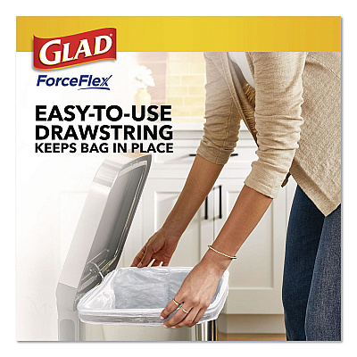 Glad ForceFlex Kitchen Drawstring Trash Bags, Drawstring, 13 gal, Unscented, 23.47 x 25.38, White, 110 Bags/Box, 3 Boxes/Carton (22541CT)