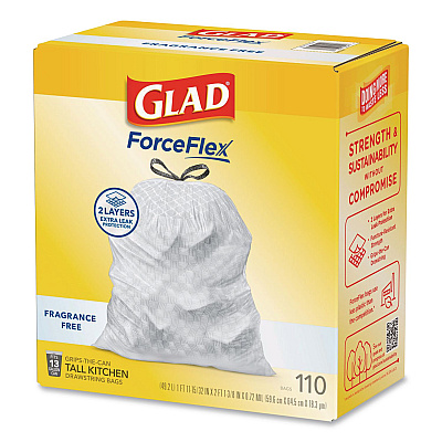Glad ForceFlex Kitchen Drawstring Trash Bags, Drawstring, 13 gal, Unscented, 23.47 x 25.38, White, 110 Bags/Box, 3 Boxes/Carton (22541CT)