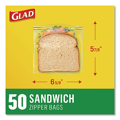 Glad Zipper Food Storage Plastic Sandwich Bags, 6.63 x 5.88, Clear, 50 Bags/Box (57263BX)