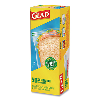 Glad Zipper Food Storage Plastic Sandwich Bags, 6.63 x 5.88, Clear, 50 Bags/Box (57263BX)