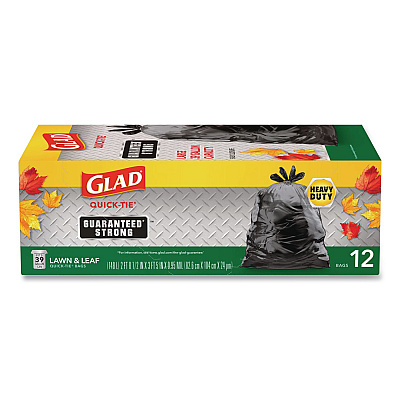 Glad Large Quick-Tie Trash Bags, Lawn and Leaf, 39 gal, 0.95 mil, 32.5 x 41, Black, 12 Bags/Box (70028EA)