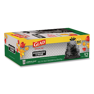 Glad Large Quick-Tie Trash Bags, Lawn and Leaf, 39 gal, 0.95 mil, 32.5 x 41, Black, 12 Bags/Box (70028EA)