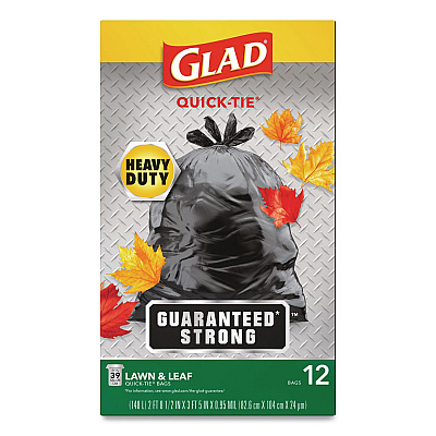 Glad Large Quick-Tie Trash Bags, Lawn and Leaf, 39 gal, 0.95 mil, 32.5 x 41, Black, 12 Bags/Box (70028EA)