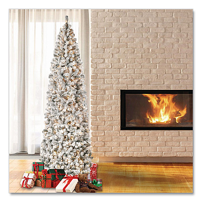 National Tree Company Pre-Lit Acacia Flocked Slim Tree, 35" x 35" x 108", Green Tree, Green Tree Stand (AC10030090F)