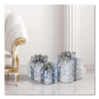 National Tree Company Pre-Lit Decorated White Gift Box Assortment, AC Powered, Cool White LED Lights, 8", 10", 12", White (DF07004L)