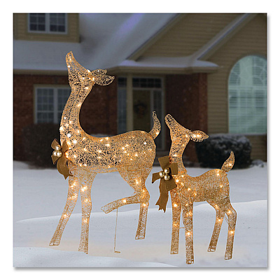 National Tree Company Pre-Lit Fawn with Doe Decoration, AC Powered, Warm White LED Lights, 6" x 22" x 38" Doe, 6" x 22" x 28" Fawn, Assorted Colors (DF105014U)